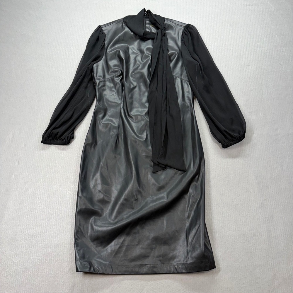 Calvin Klein Faux Leather Sheath Dress Womens 6 Black Tie Neck Chiffon Sleeve